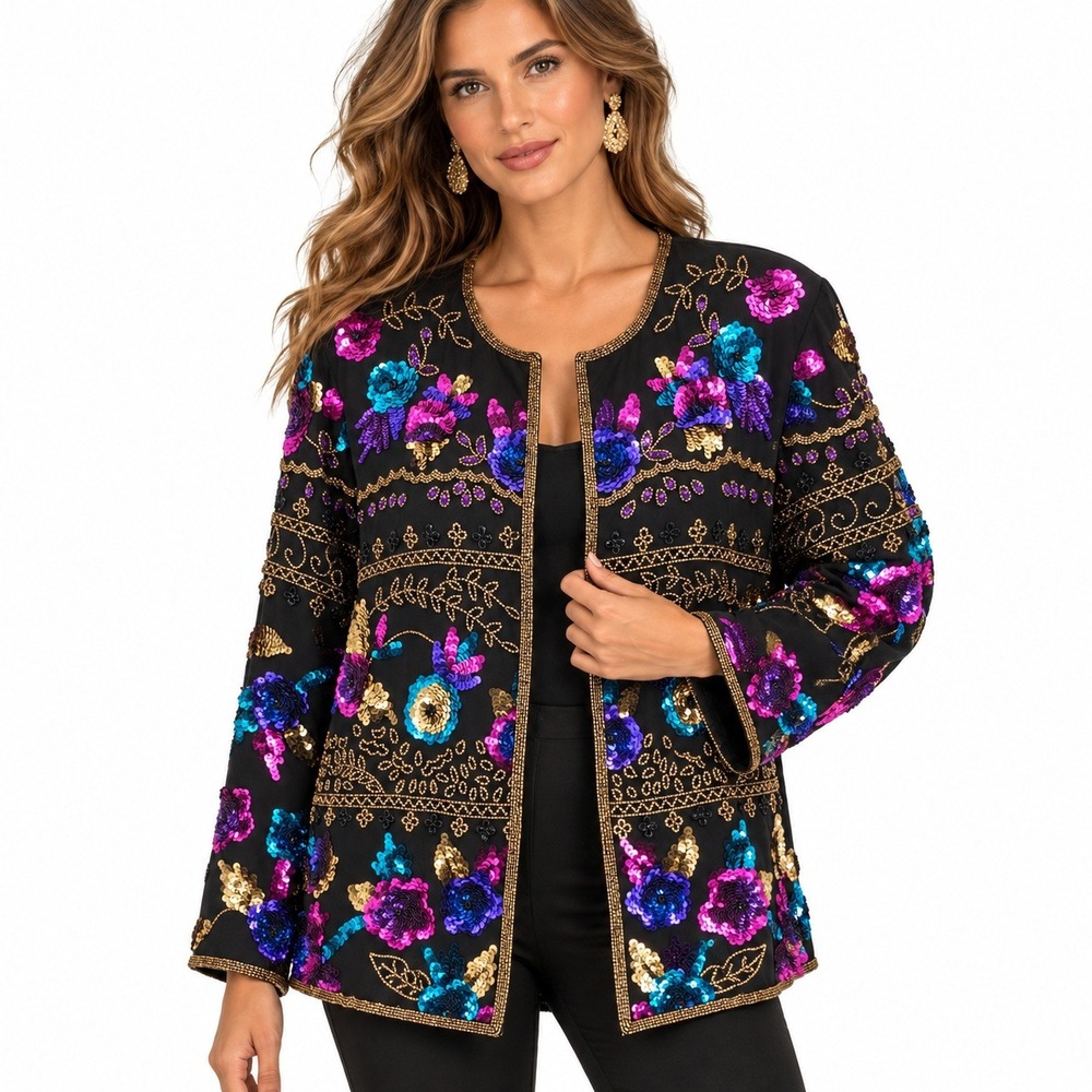 Vintage 90s Drapers & Damons Silk Sequin Beaded Jacket XL Floral Glam Evening
